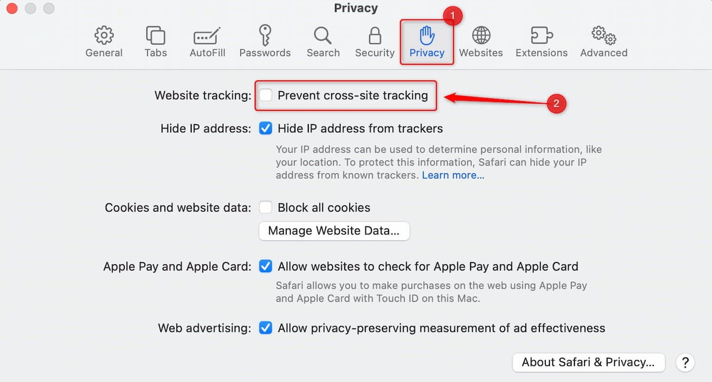 Safari Prevent cross-site tracking
