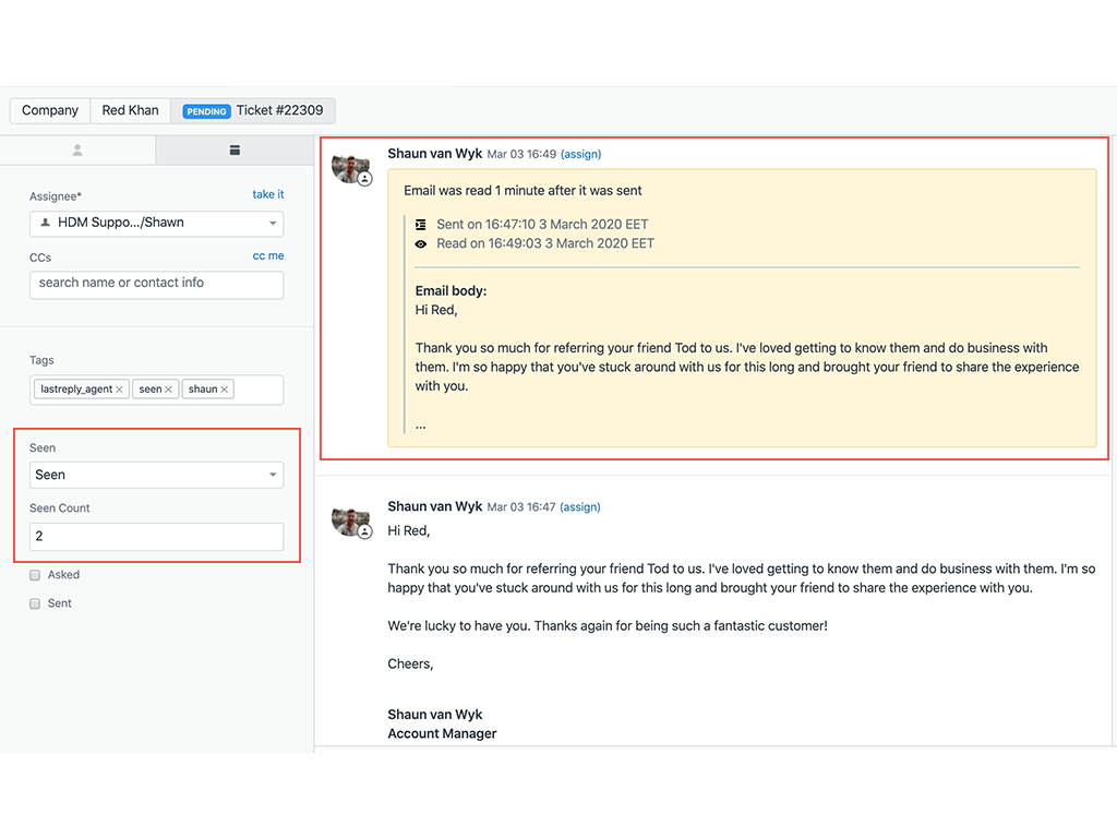 Zendesk Email Tracking Seen