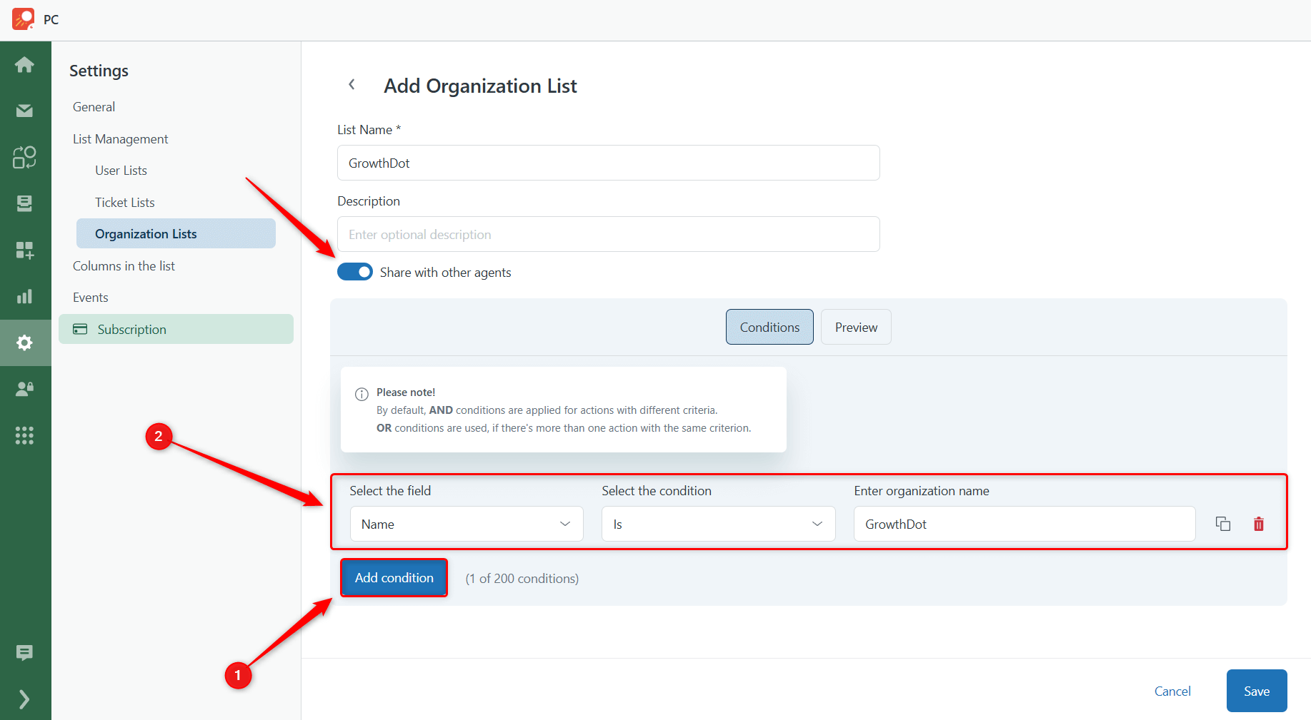 Organization List Conditions