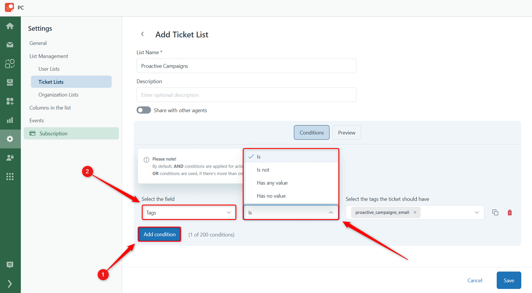 Ticket List Conditions