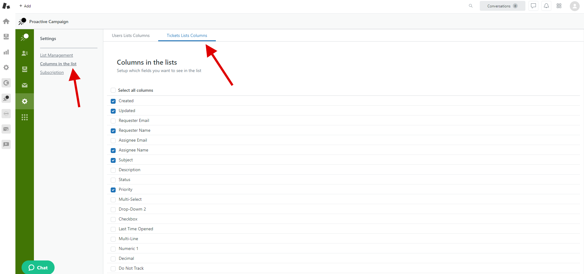 Ticket List In Proactive Campaigns Columns