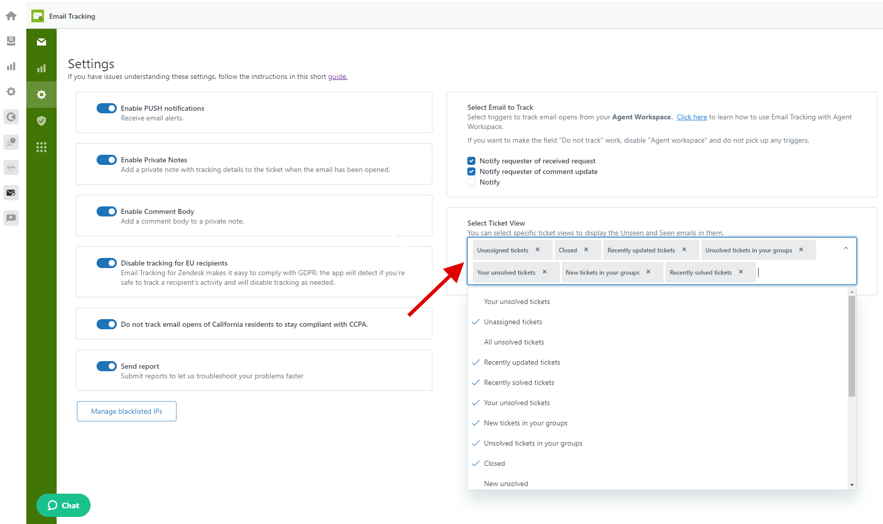 Ticket View In Email Tracking Settings