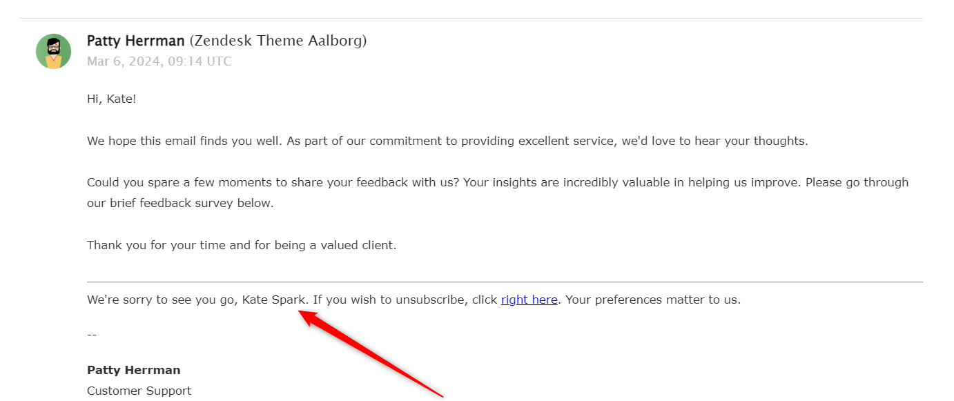 Unsubscribe with Zendesk Placeholder Email