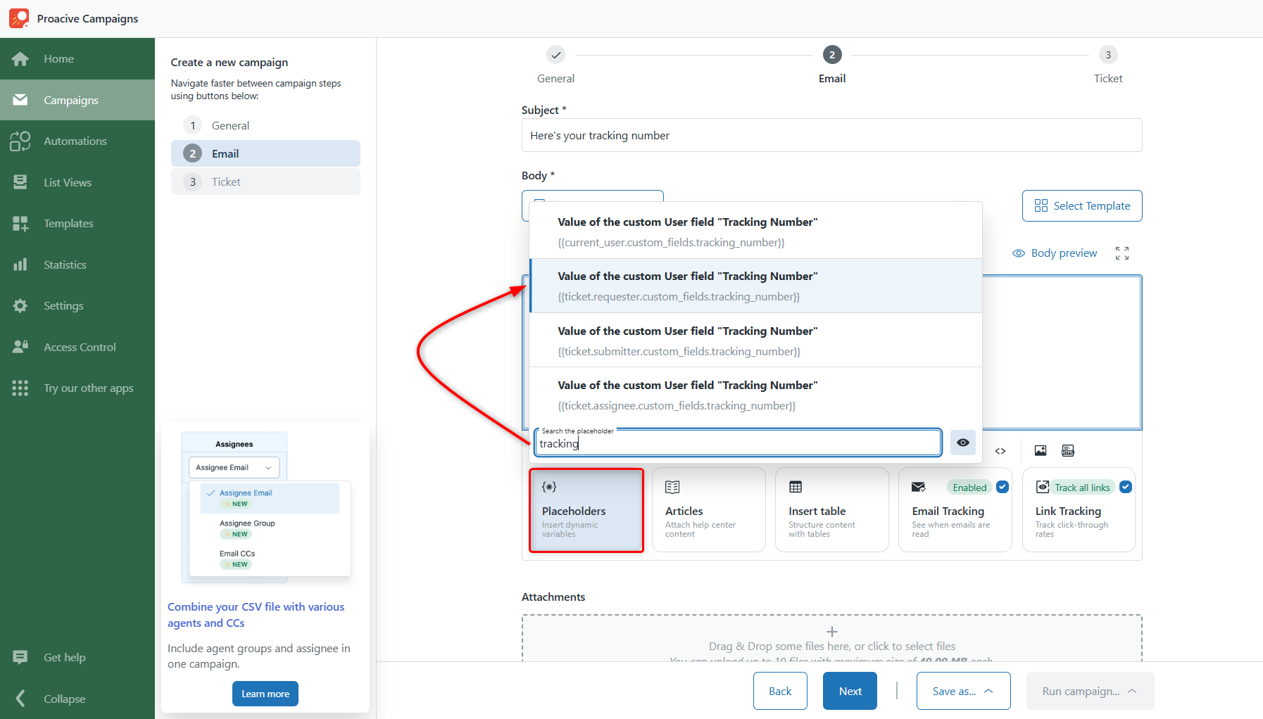 Select Placeholder for Tracking Number