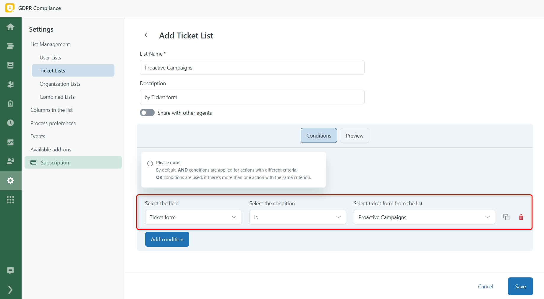 Ticket Form Condition