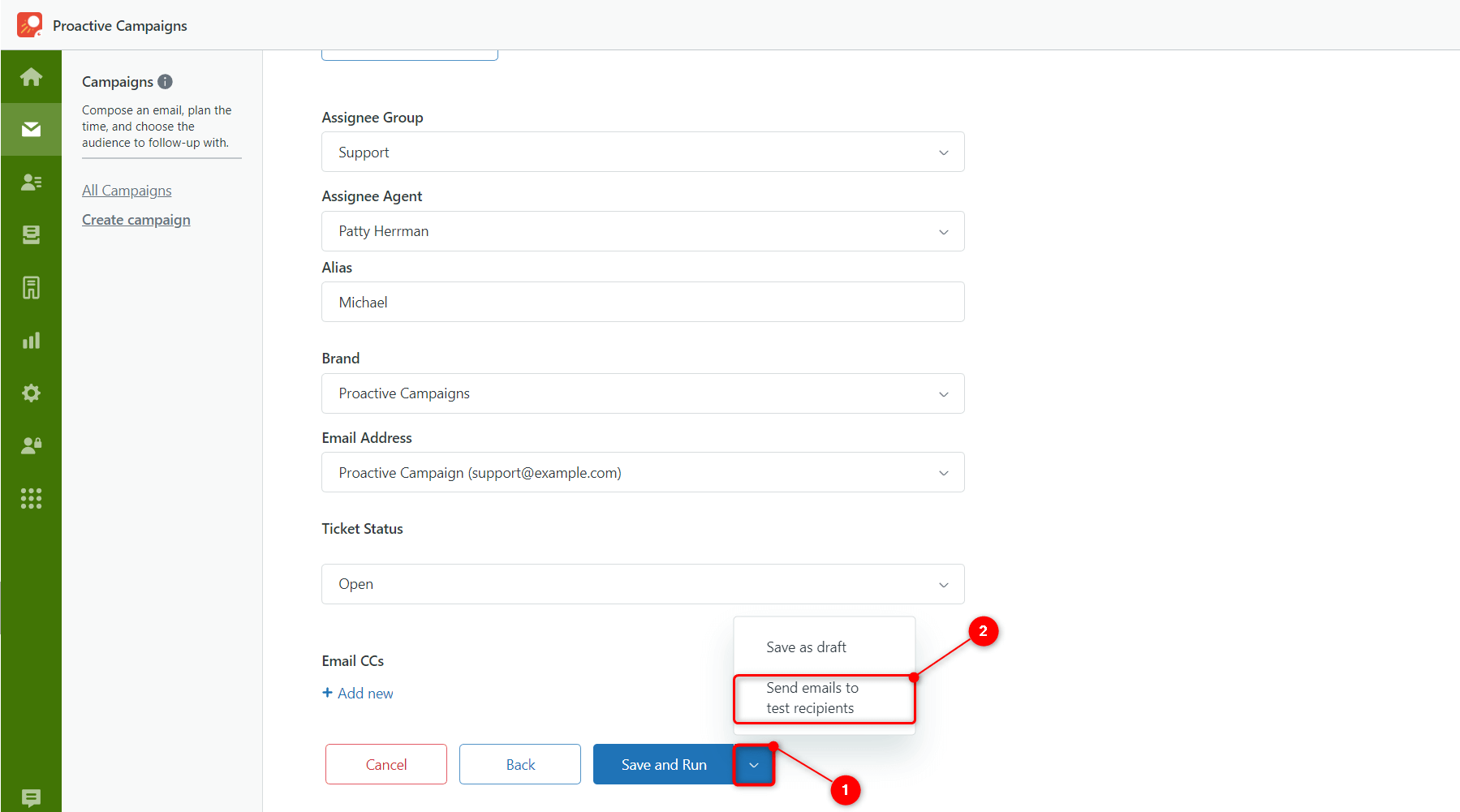 Send Email To Test Recipients Button