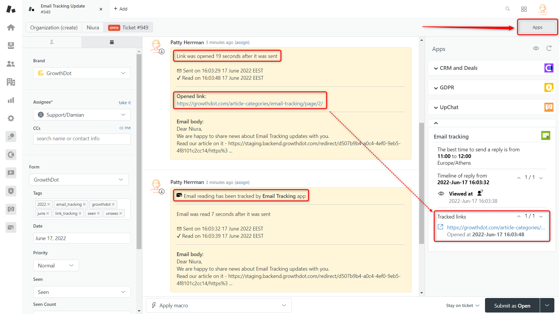 Ticket Details With Tracked Links