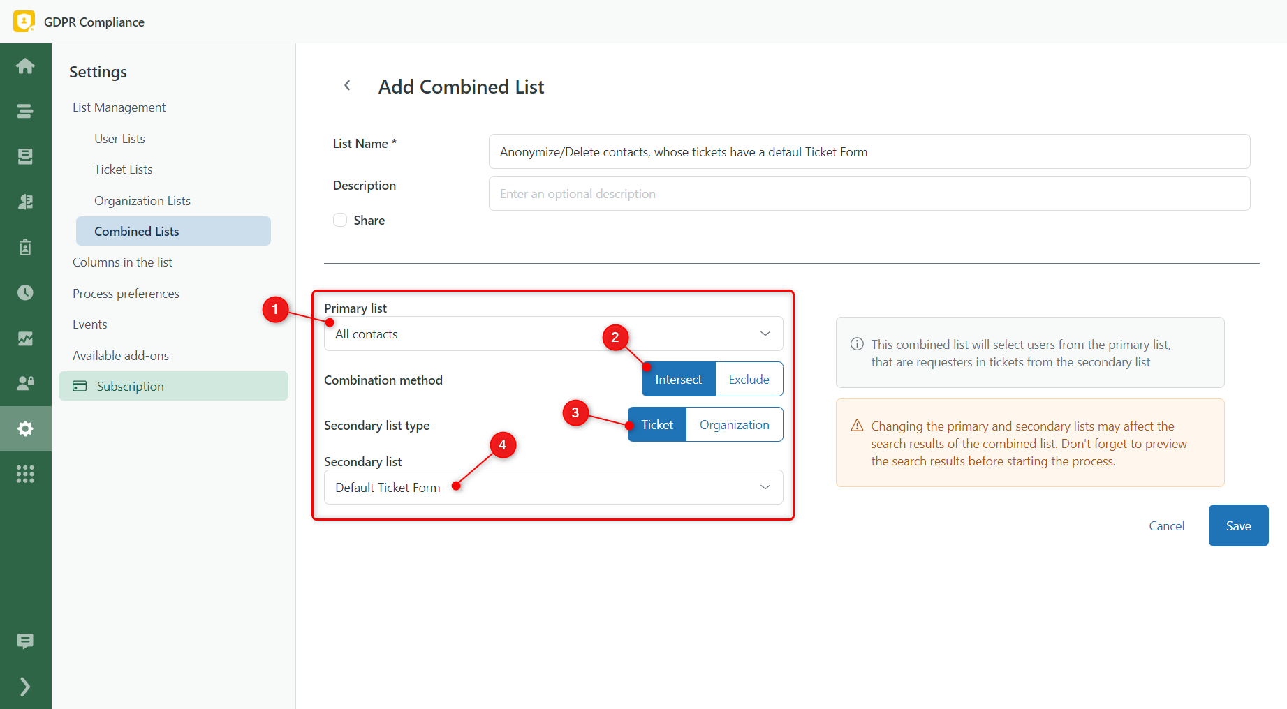 Combined List Default Ticket Form