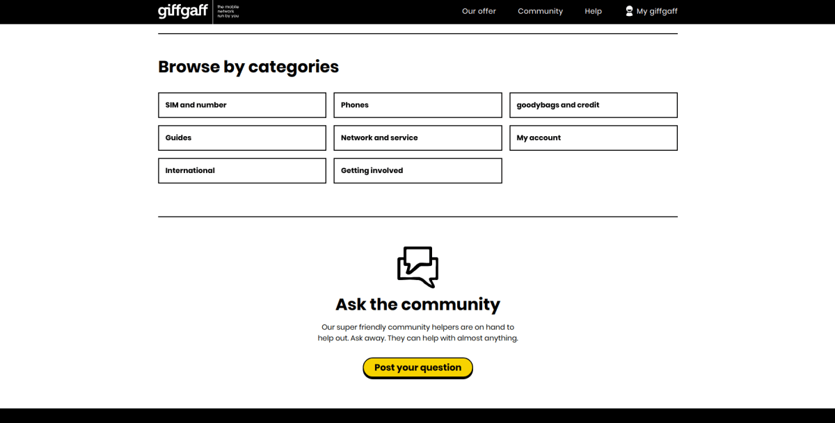 GiffGaff Help Page Categories