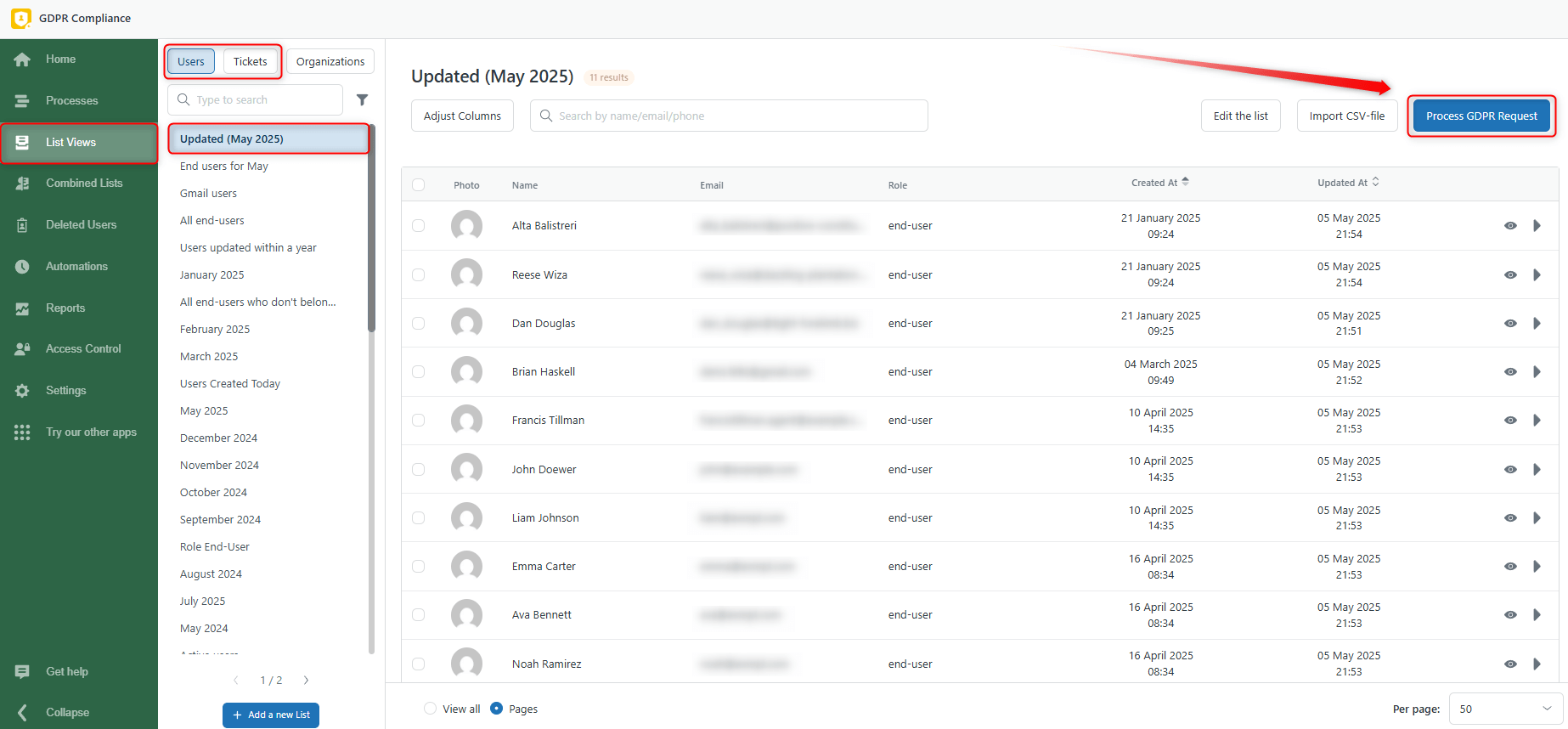 Process from Lists GDPR