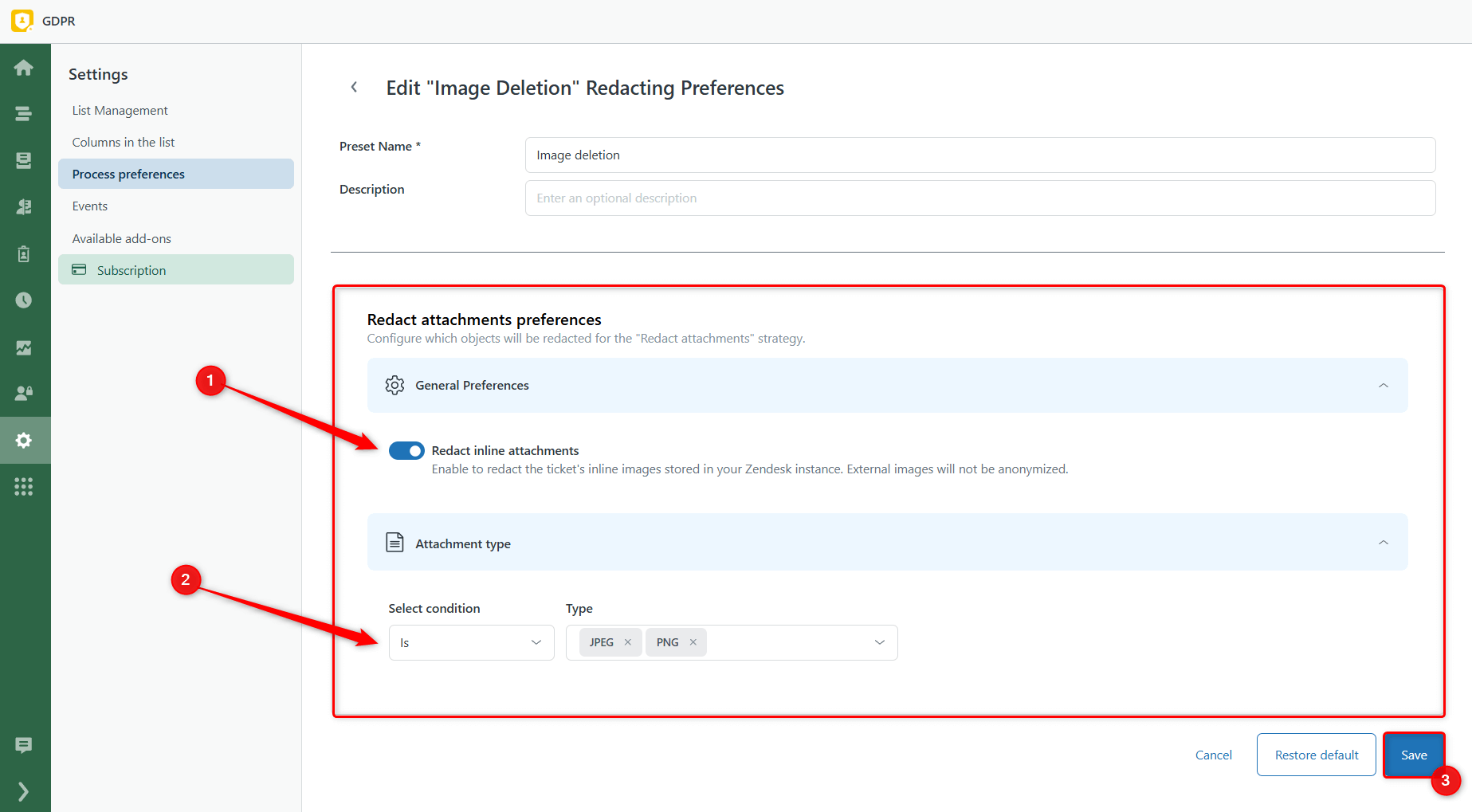 Redact Attachments Preferences