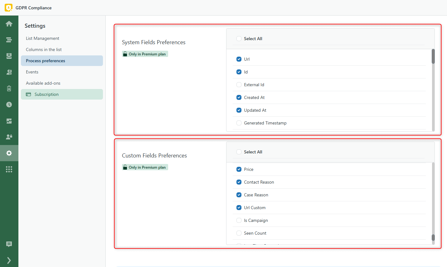System Custom Fields Preferences GDPR