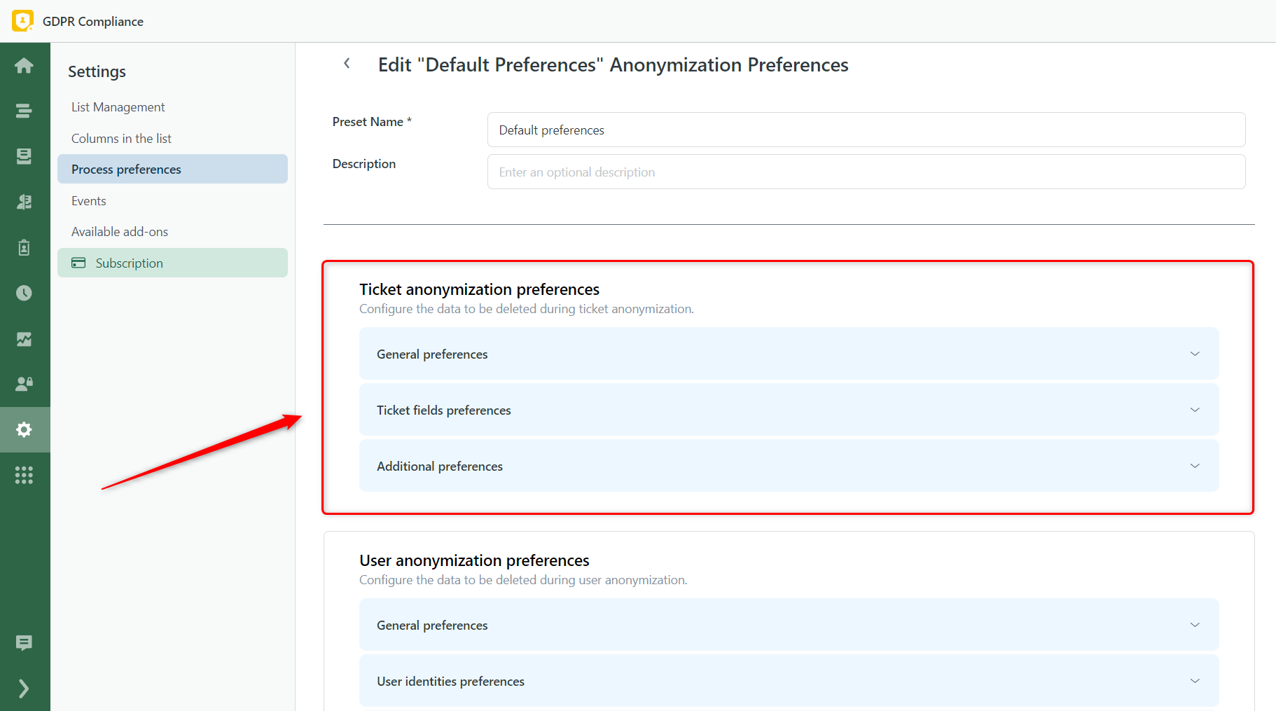 Ticket Anonymization Preferences