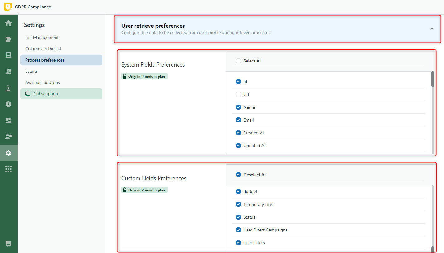 User Retrieve Preferences GDPR