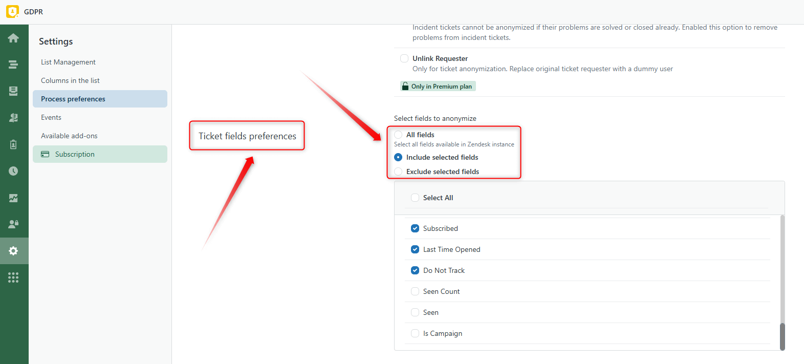 Ticket Fields Include Exclude GDPR