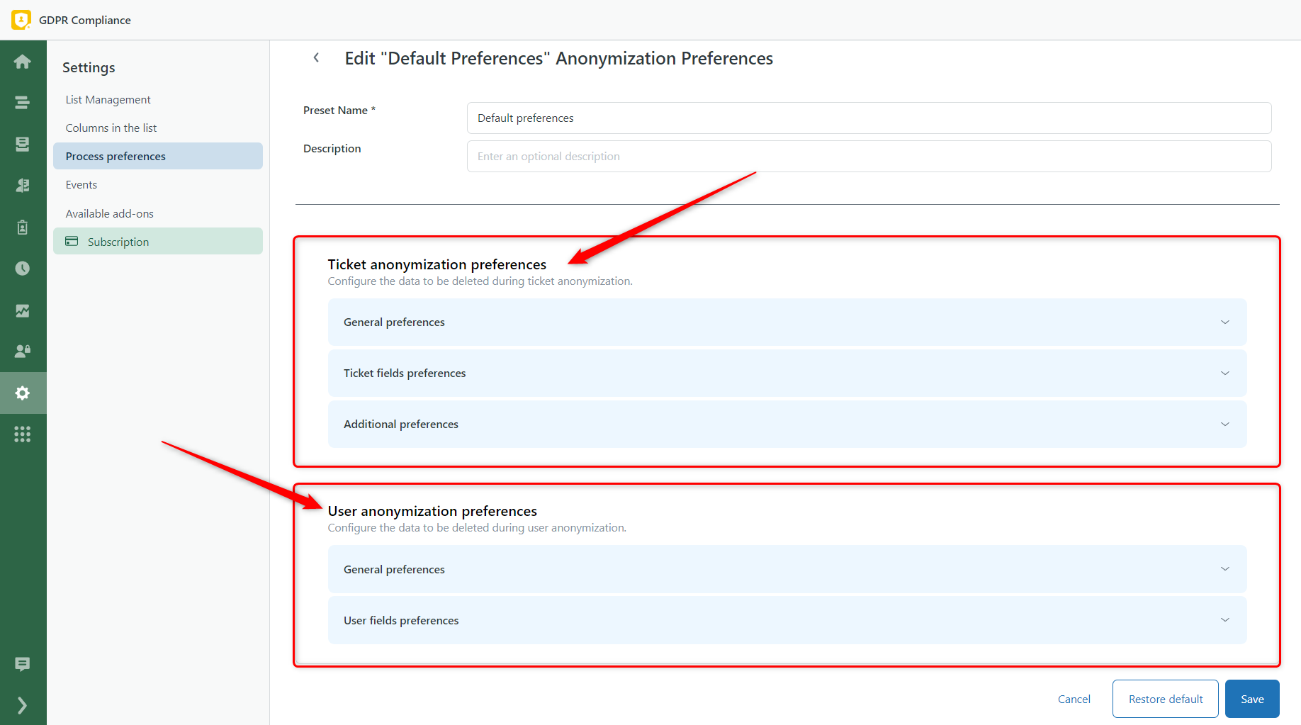 Ticket and User Anonymization Preferences