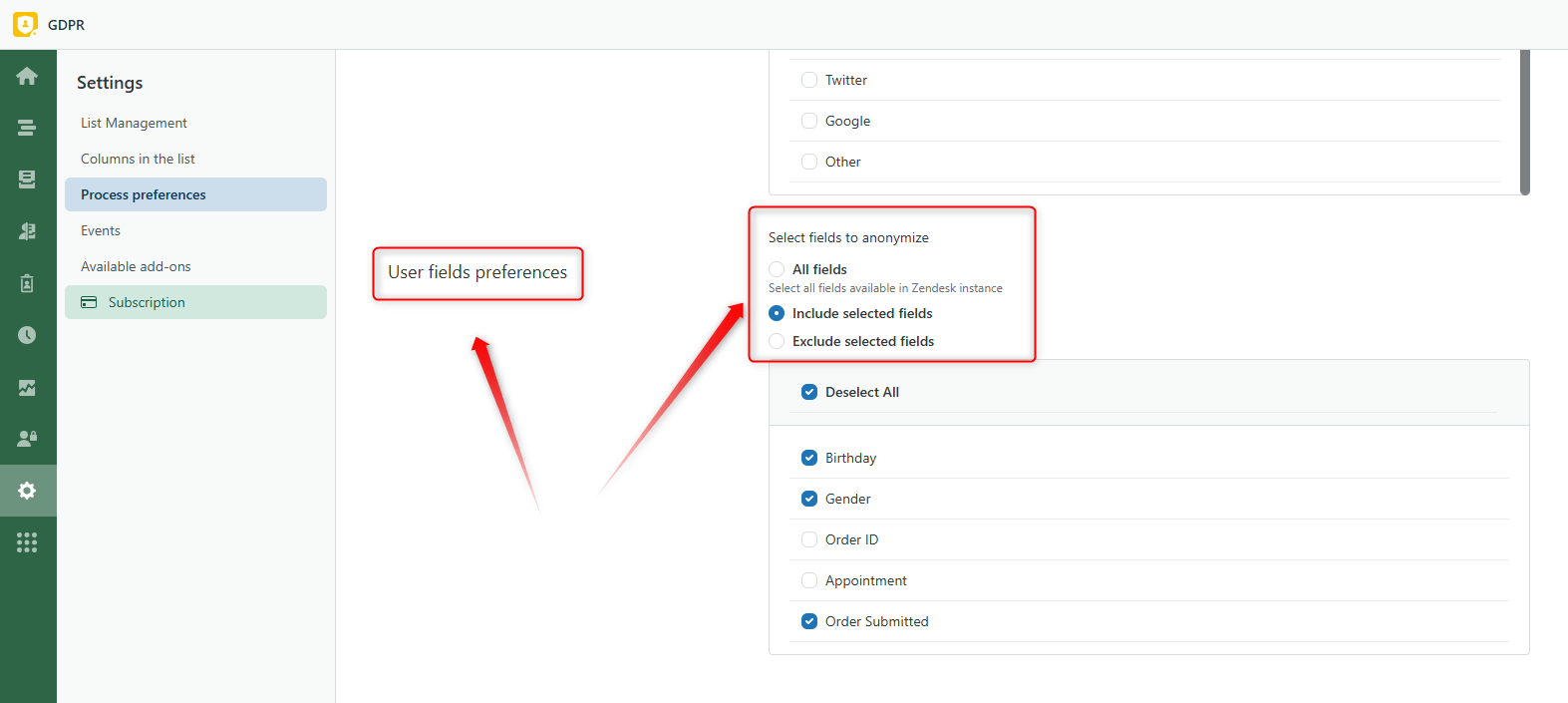 User Fields Preferences GDPR