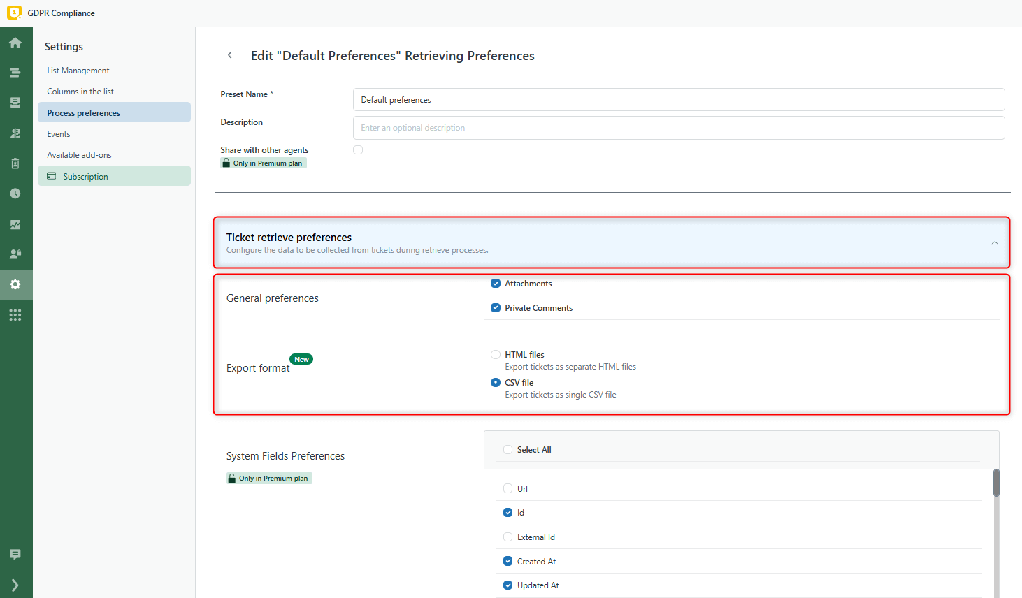 Export Format GDPR