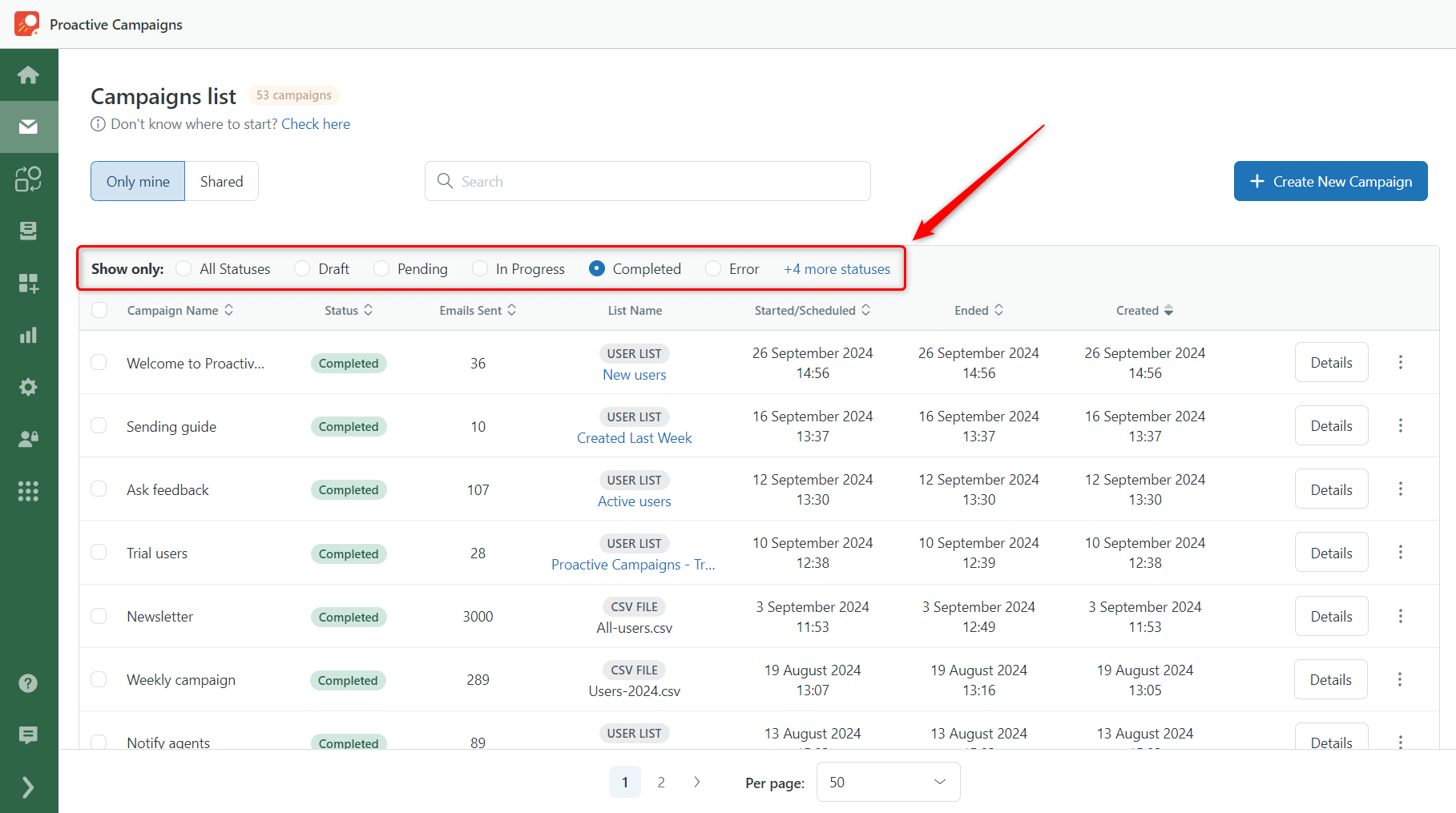 Filter Campaigns by Status