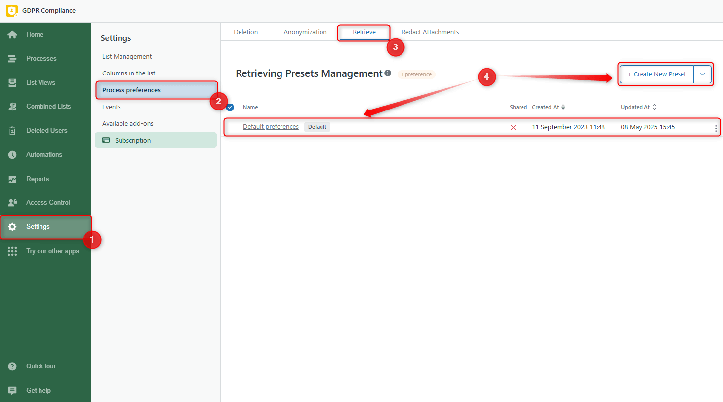 GDPR Preset Retrieve