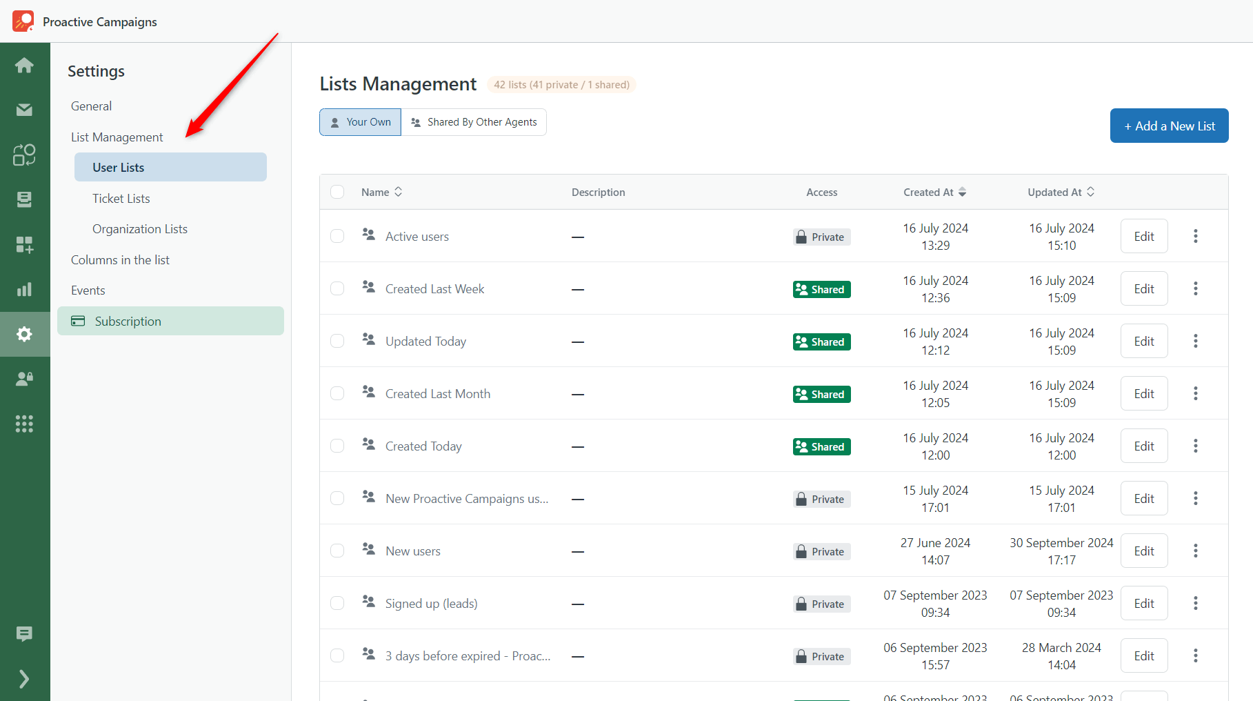 List Management Settings