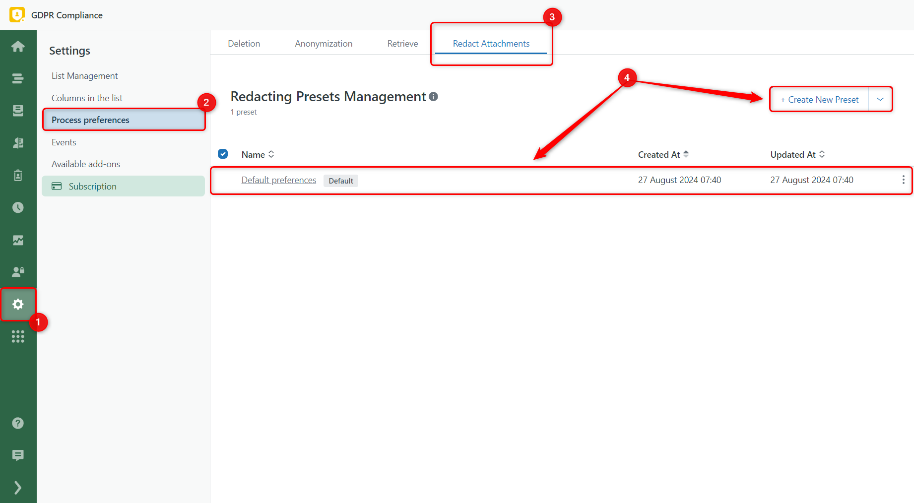 Process Preferences Redact Attachments