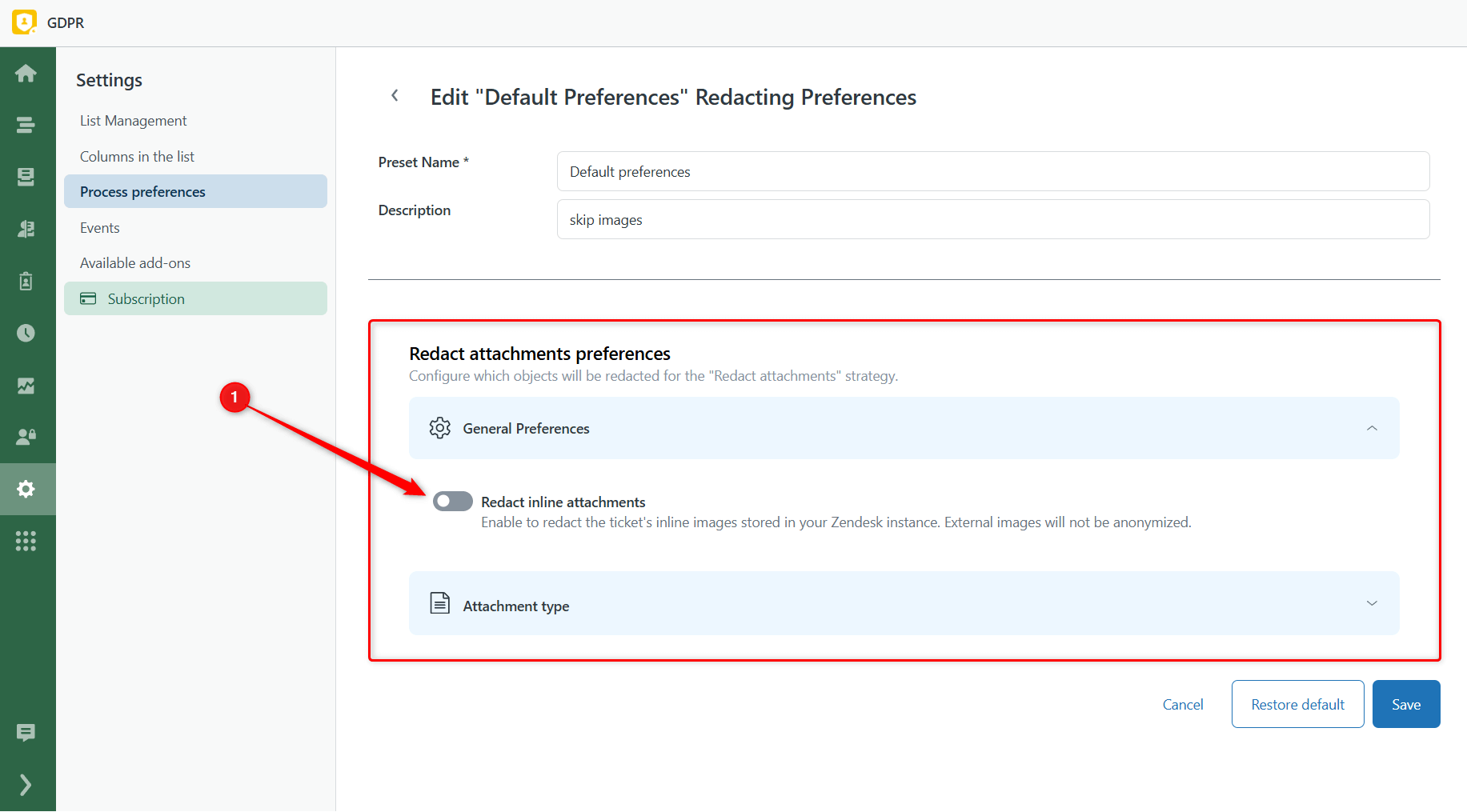 Redact Attachments General Preferences