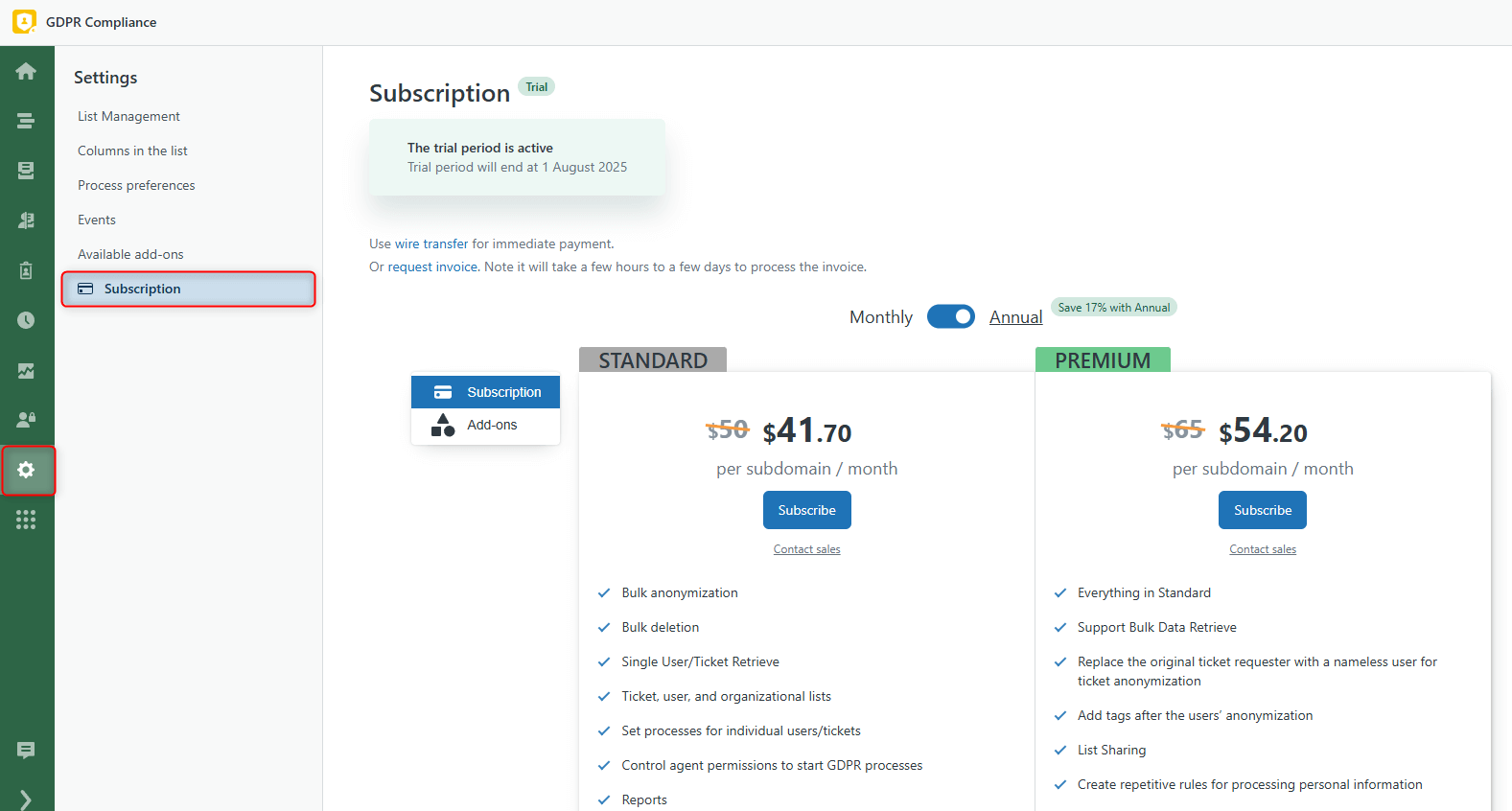 Subscription Trial GDPR