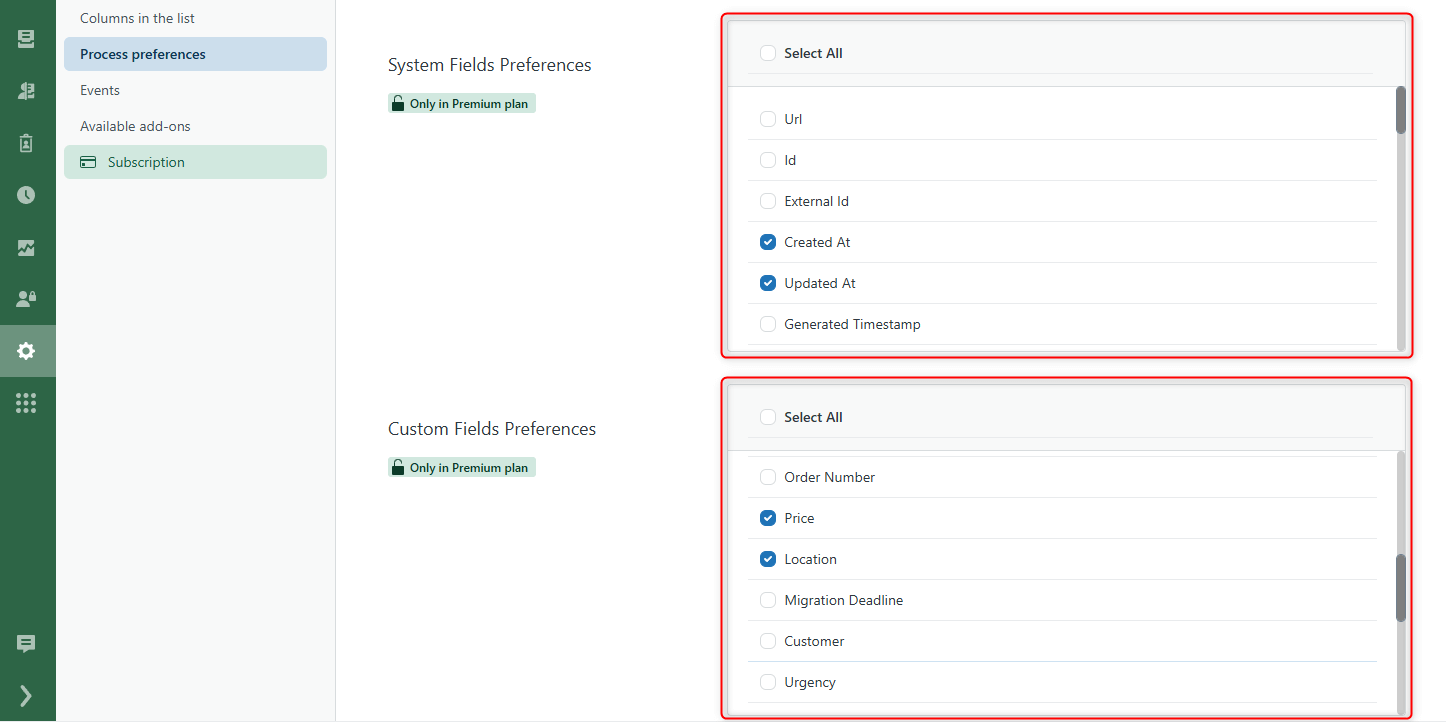 System Custom Fields Preferences