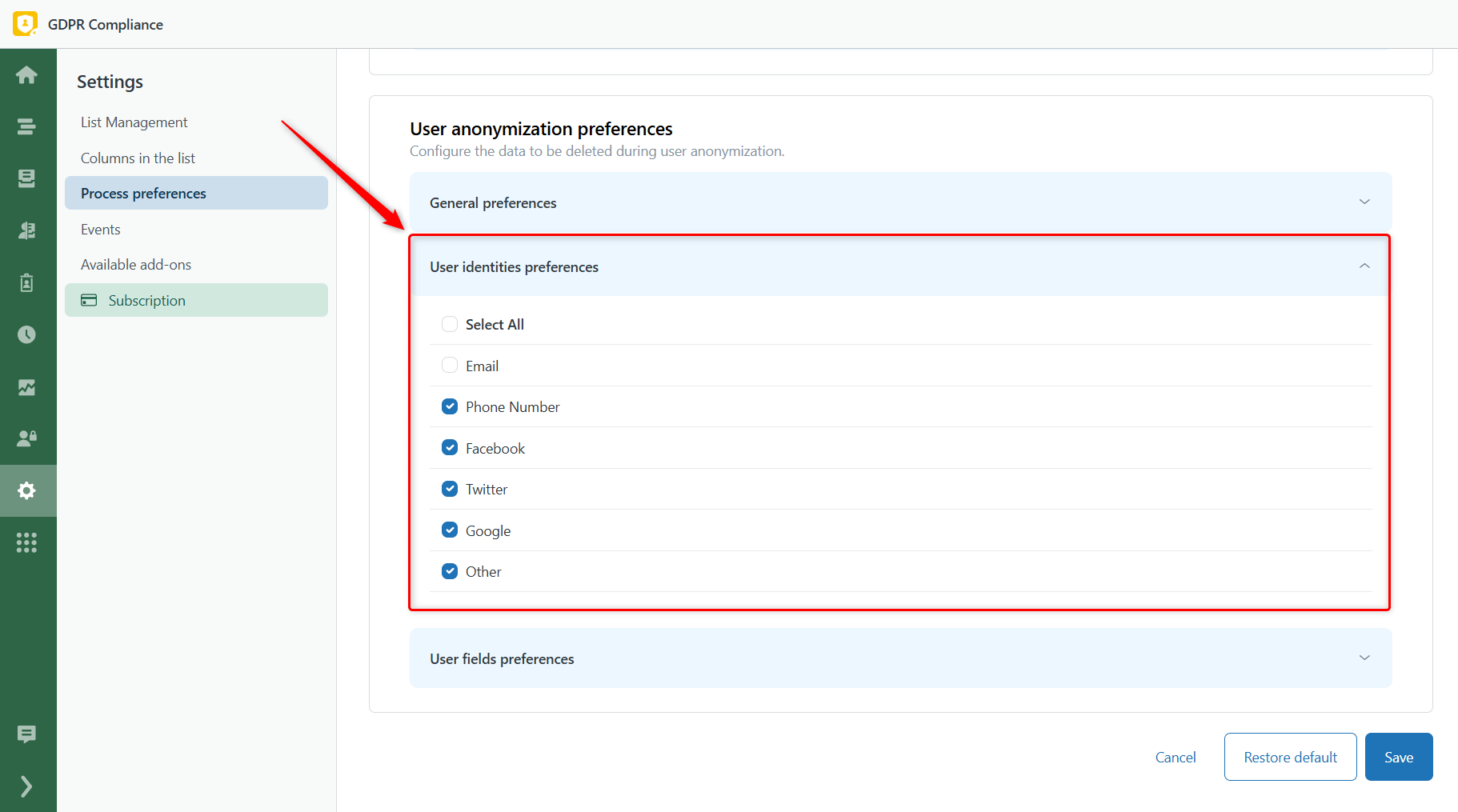 User Identities Preferences