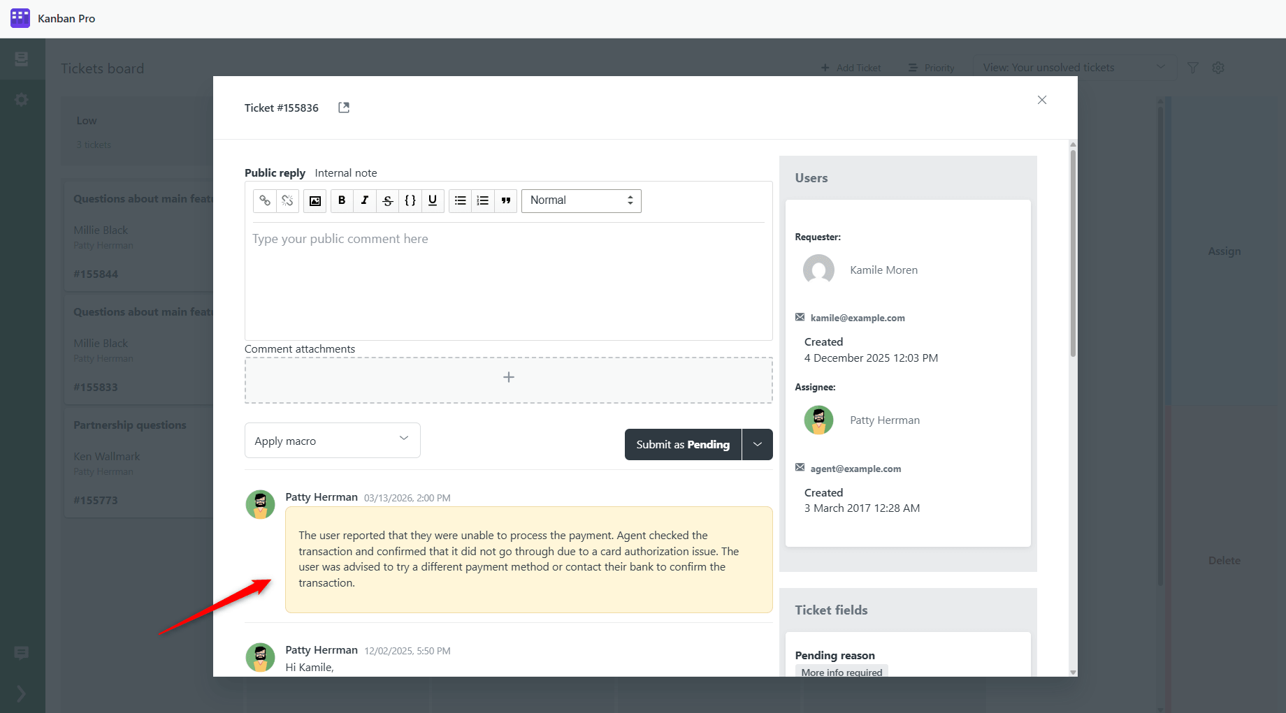 Internal Note in Zendesk Kanban