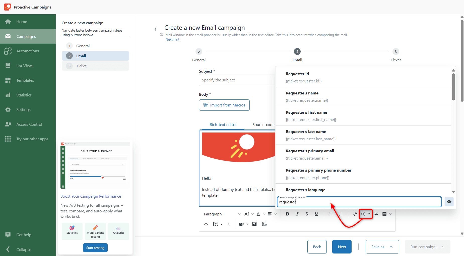 Insert Placeholder with Search Bar