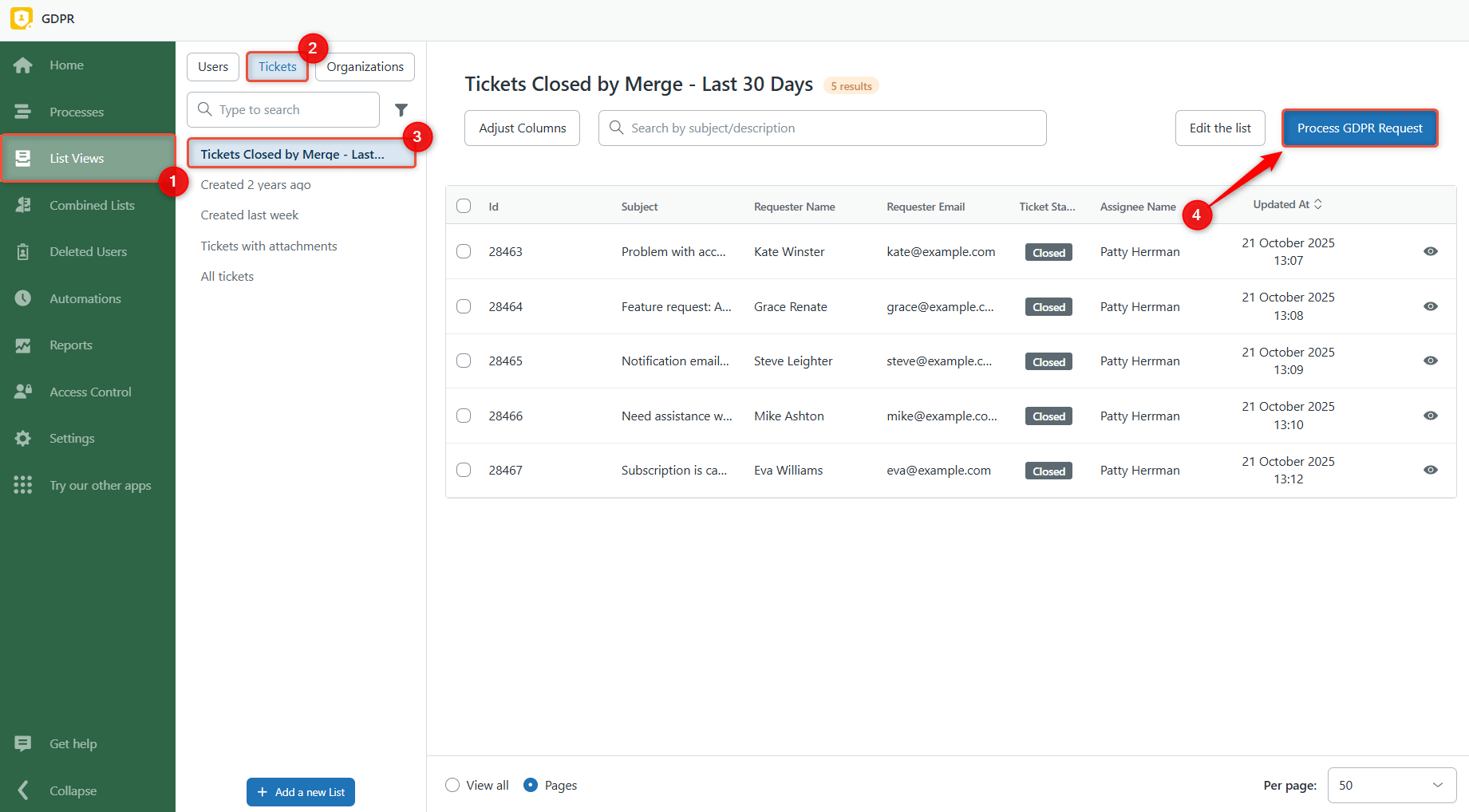 Process GDPR Request for Bulk Unmerge