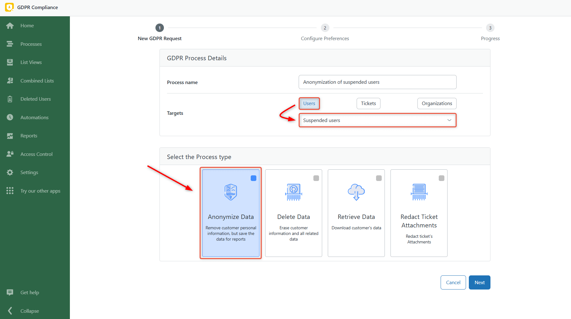 Anonymize Suspended Users