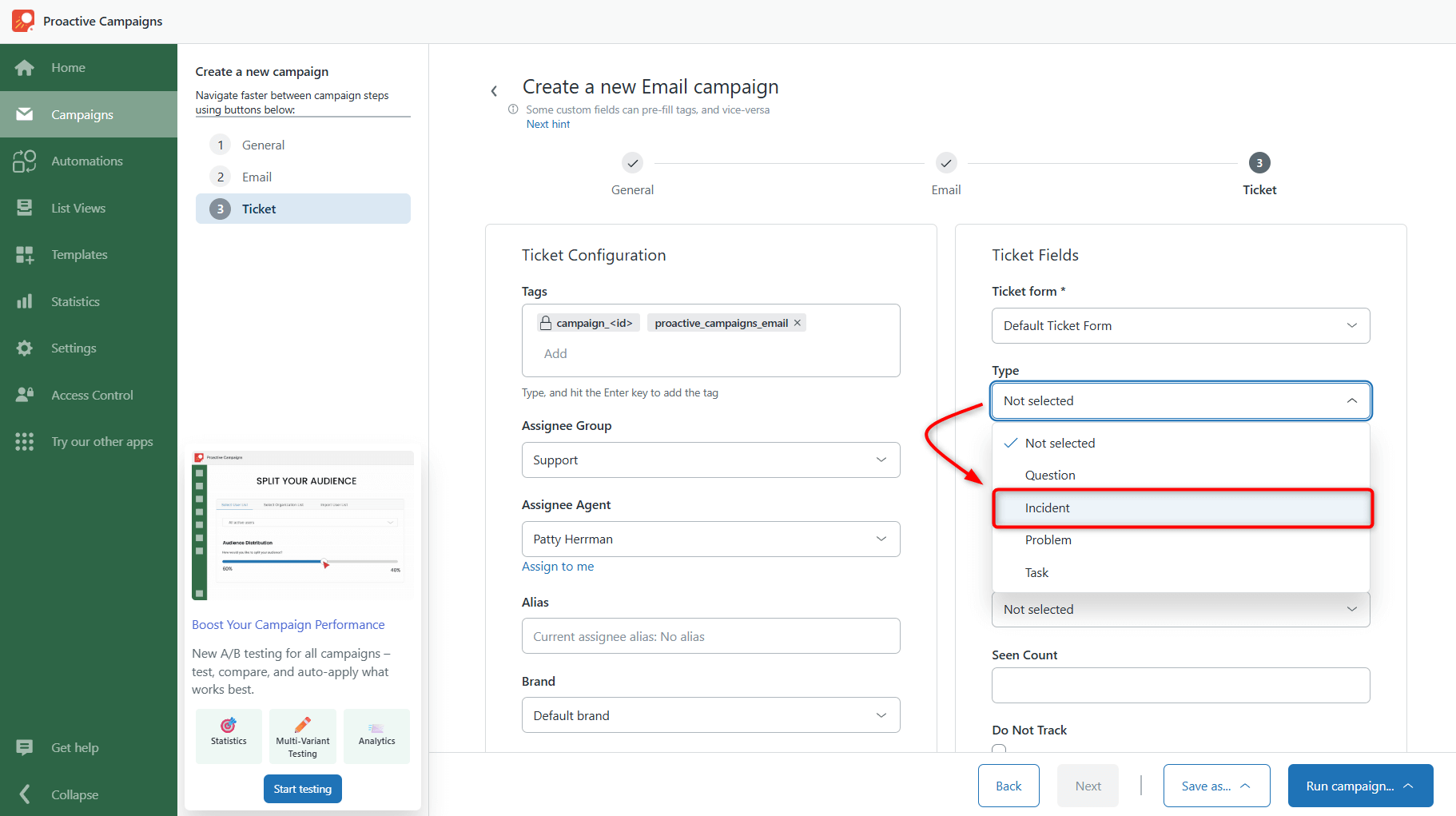 Email Campaign Incident Ticket Type Email Campaign Incident Ticket Type