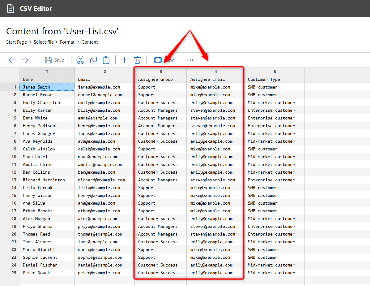 CSV with Assignee Group and Email