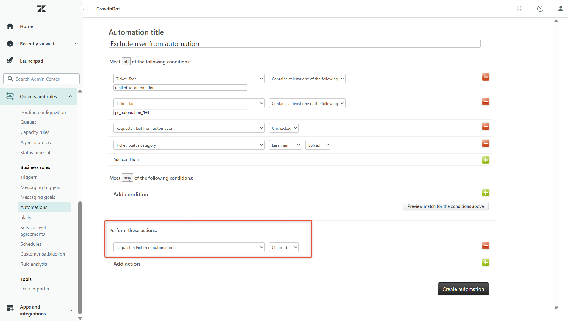 Automation action for Exit automation after reply