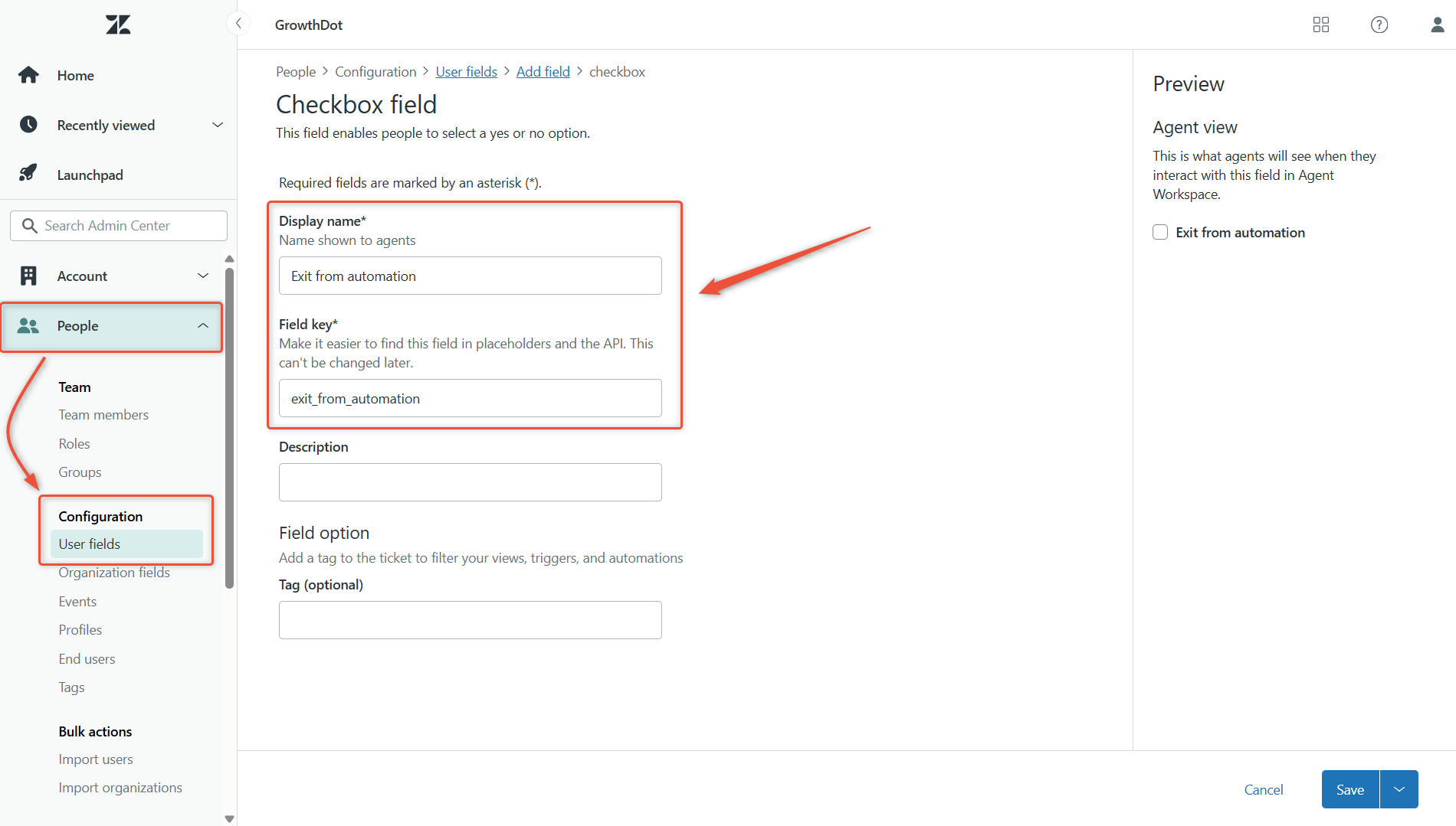Exit from automation - User field