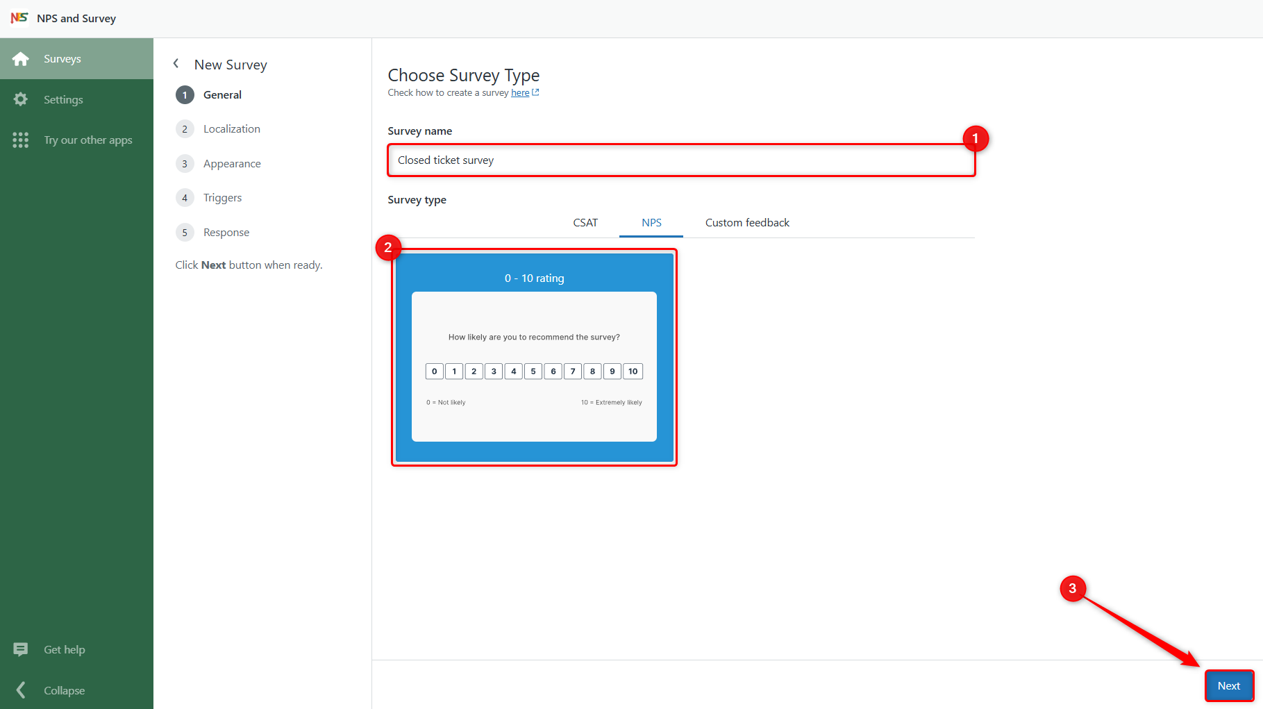 Select Survey Type for Closed Tickets