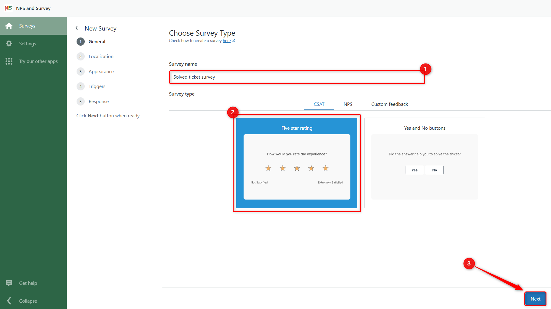 Select Survey Type for Solved Tickets