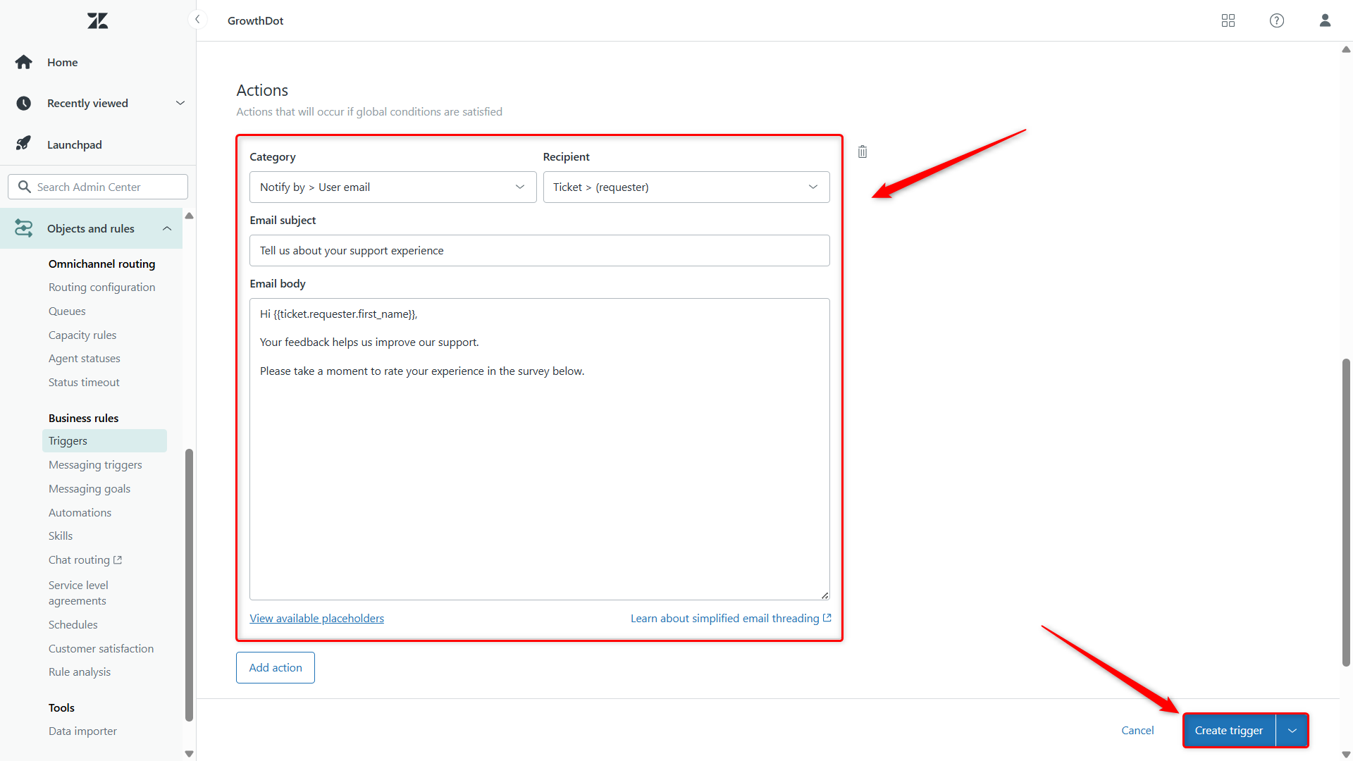 Trigger Actions to Send Survey After Ticket Closed