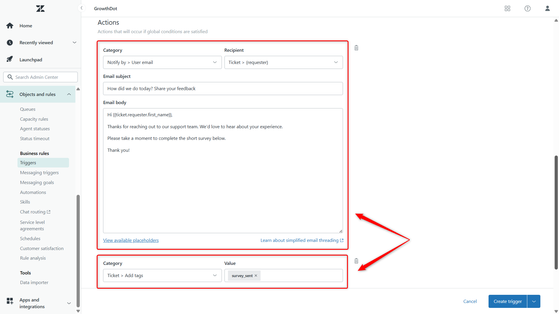 Trigger Actions to Send Survey After Ticket Solved