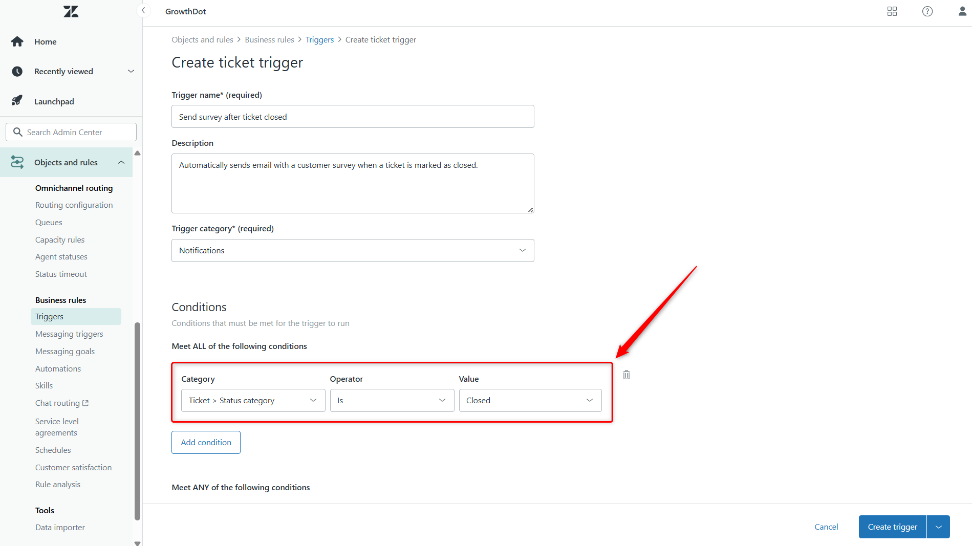 Trigger Conditions to Send Survey After Ticket Closed