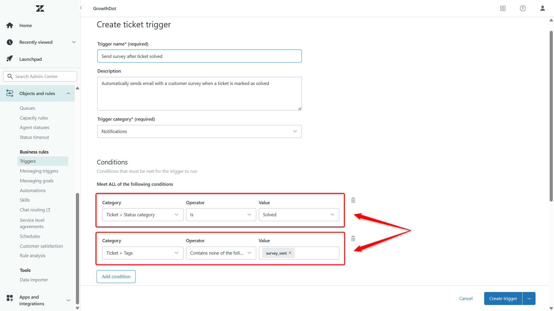 Trigger Conditions to Send Survey After Ticket Solved