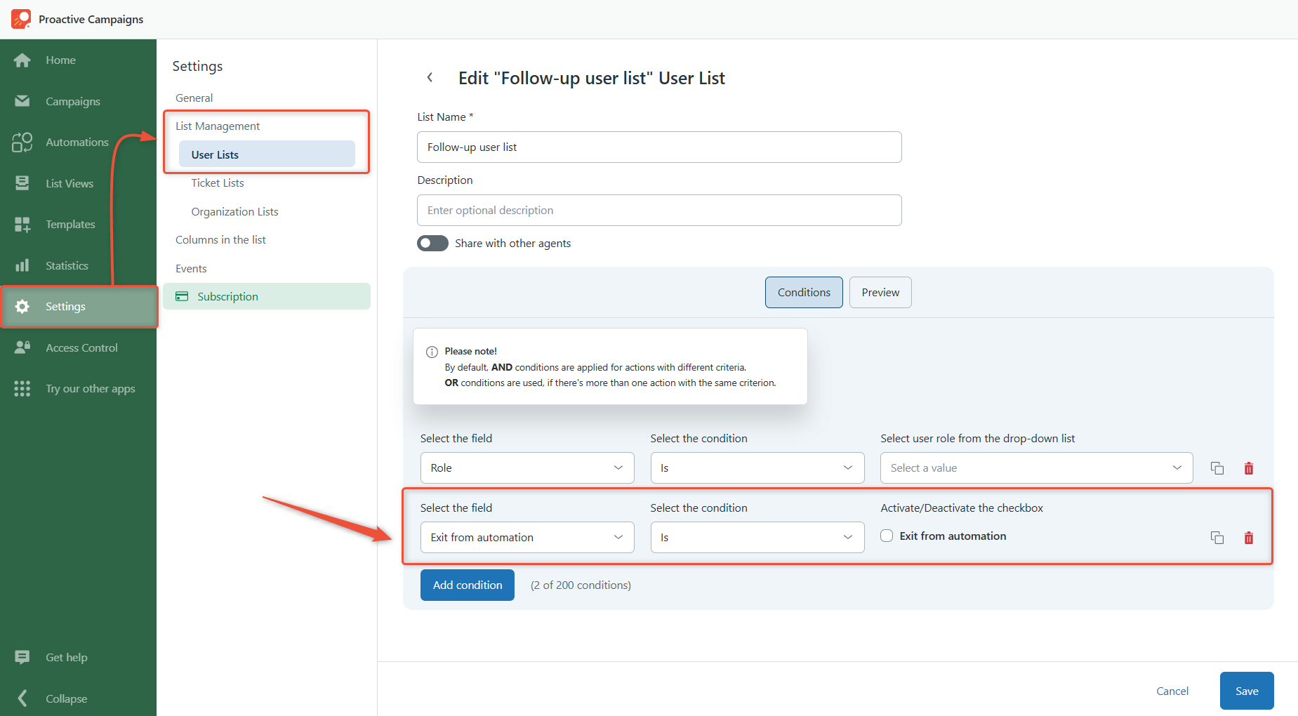 User list with Exit automation condition