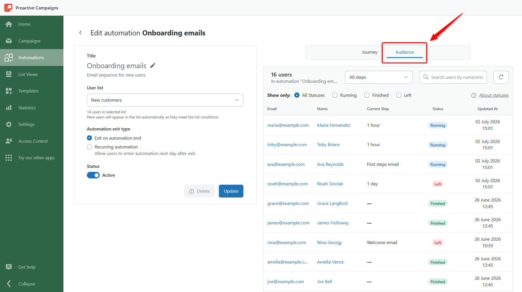 Audience tab - Automation Audience tab - Automation