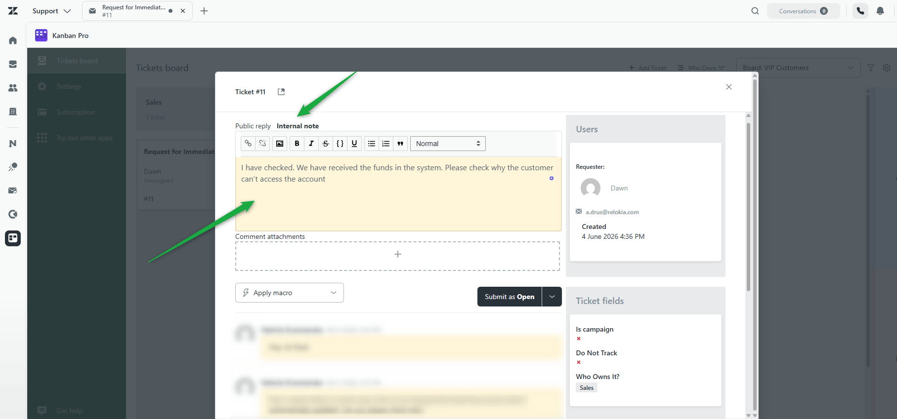 Reply to Support Note Ticket Board Team Management in Zendesk