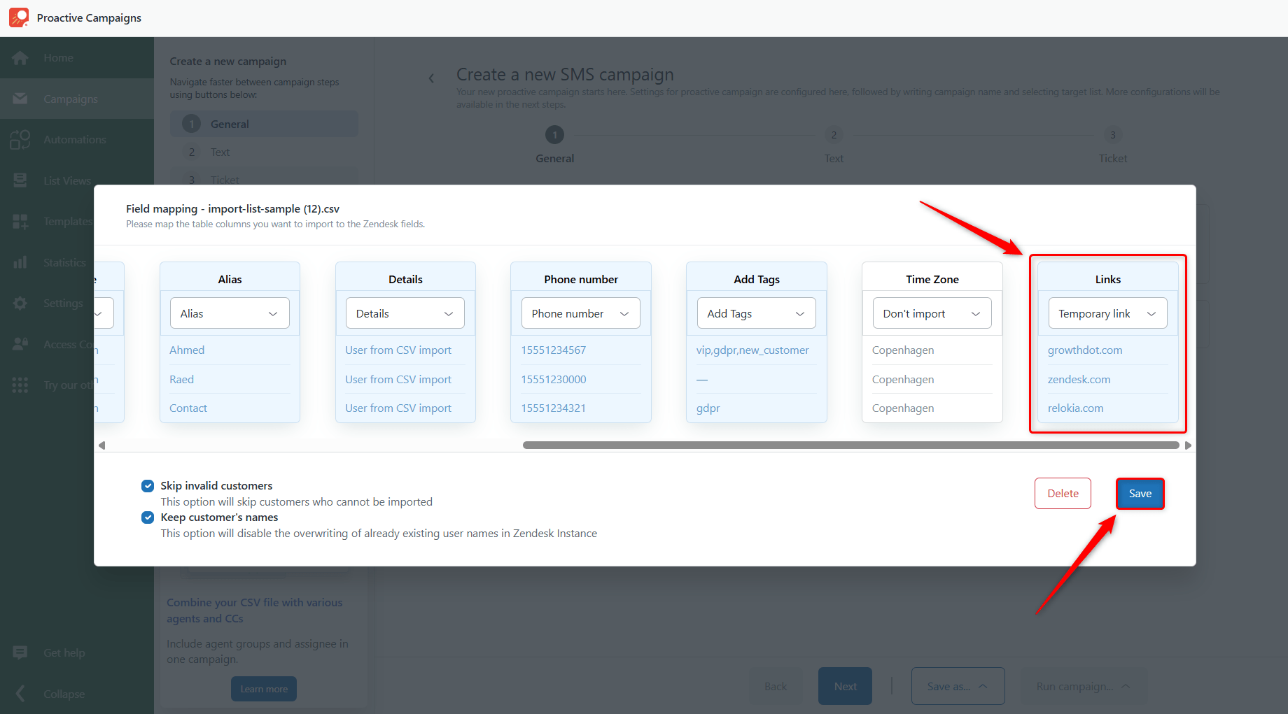 Field Mapping for Links