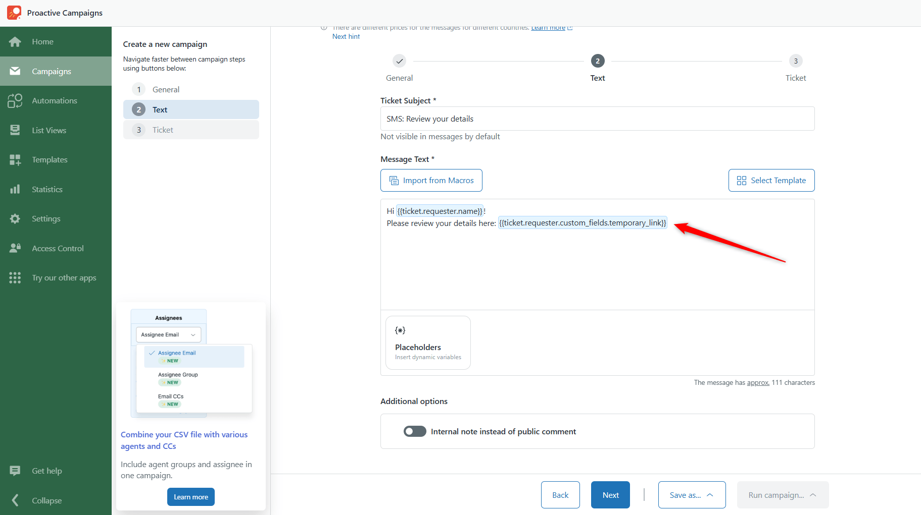 Link Placeholder in Message