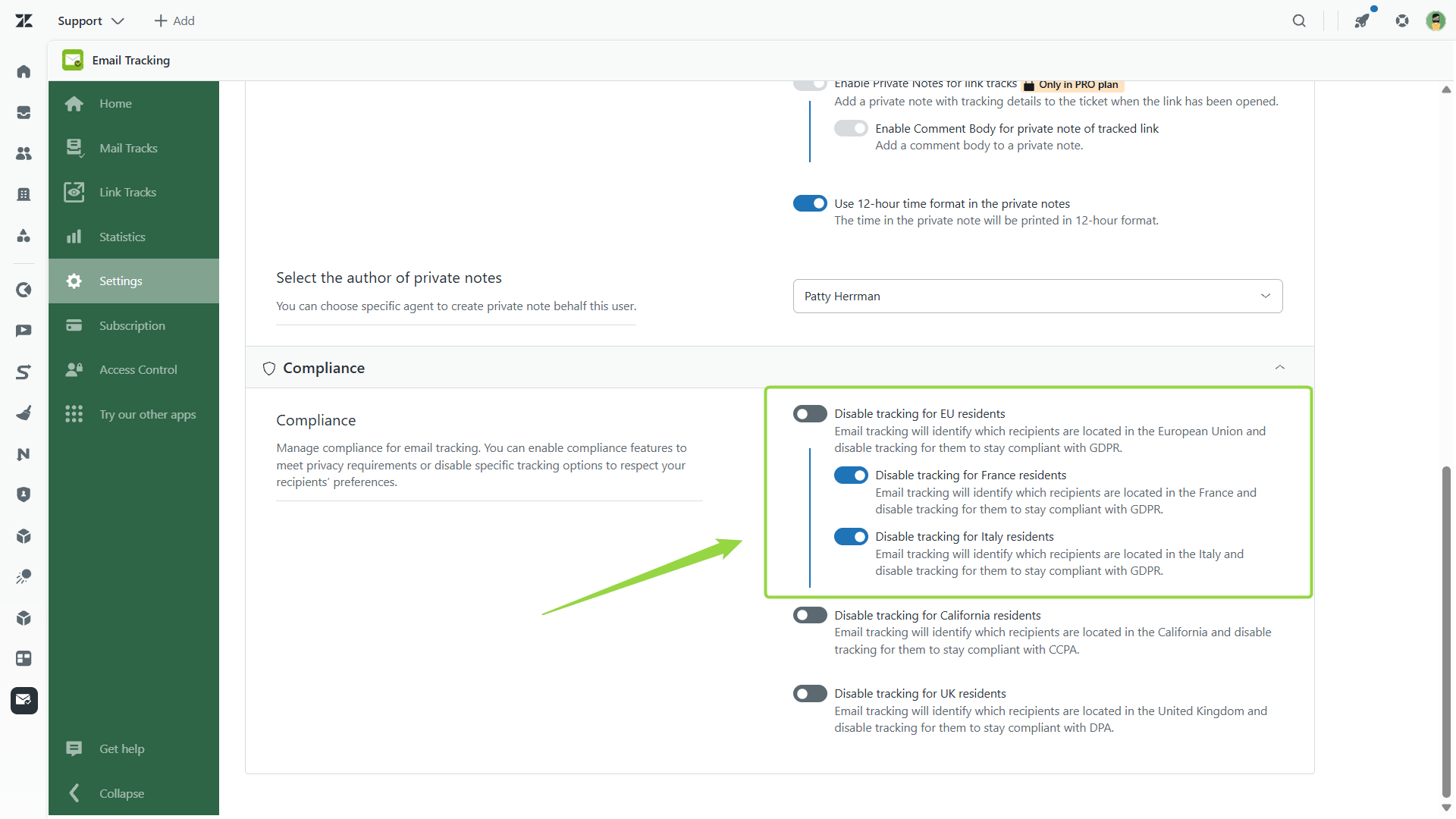Disable tracking for France and Italy - Email Tracking Settings